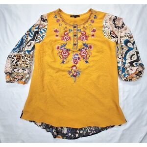 Caleoas Mustard Yellow Embroidered Mixed Media Boho Tunic Top Floral Large